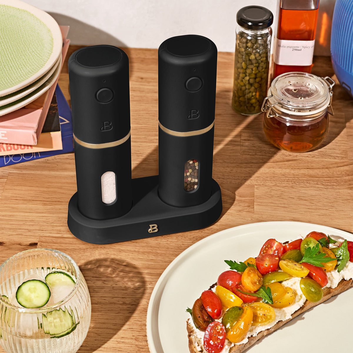 Beautiful 3-Piece Rechargeable Electric Salt and Pepper Grinder Set with Charging Base, Black Sesame by Drew Barrymore