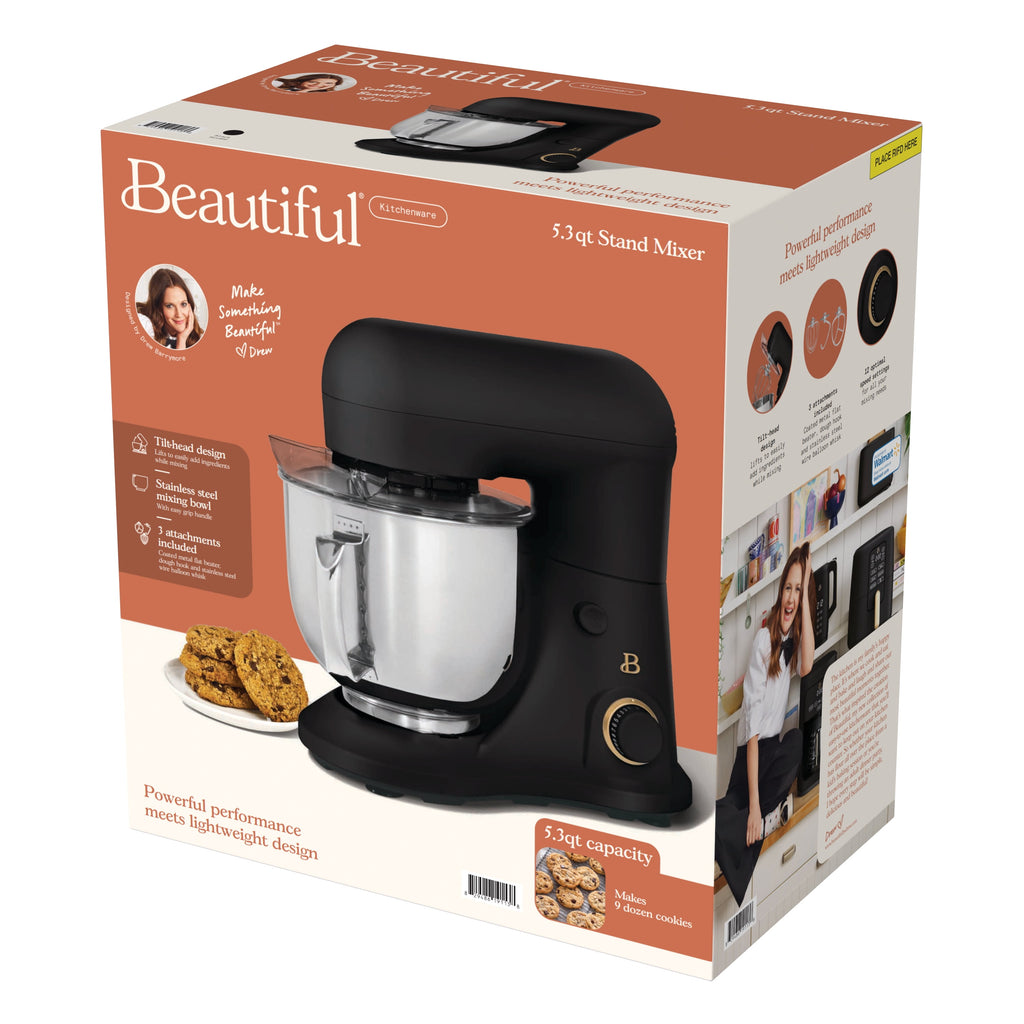 Beautiful 5.3 Qt Stand Mixer, Black Sesame with Flat Beater, Dough Hook, Balloon Whisk