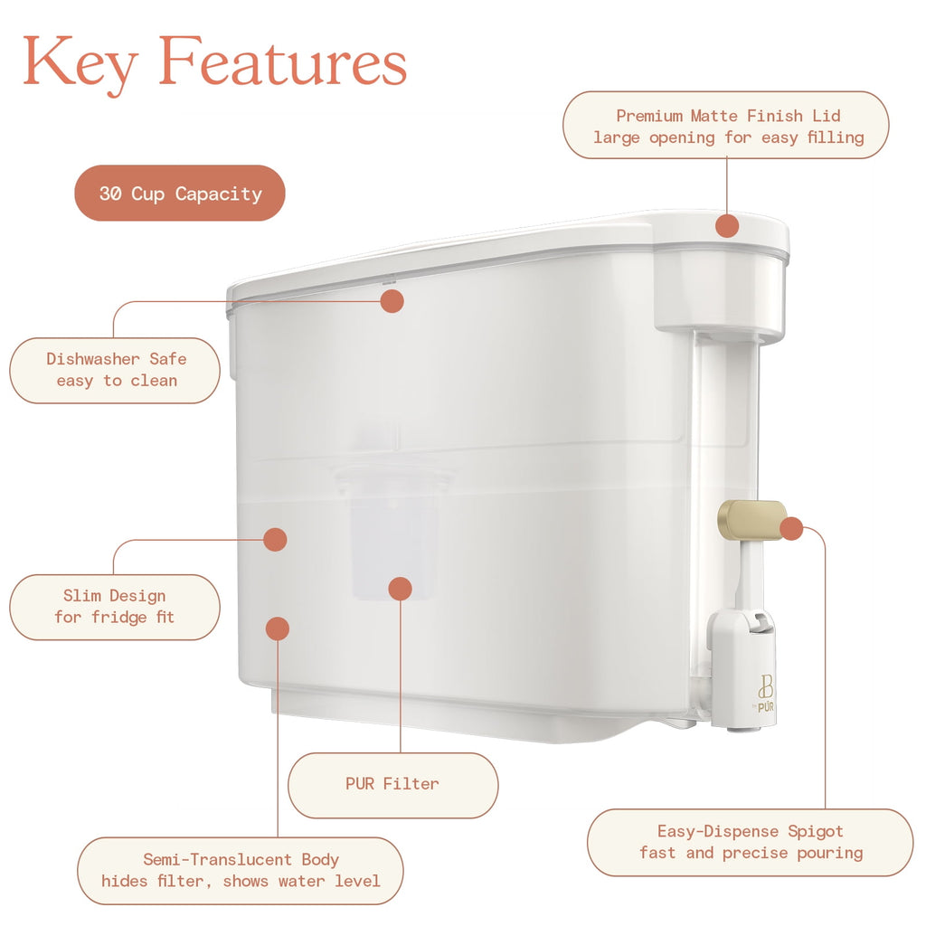 Beautiful by PUR 30 Cup Dispenser Pitcher Water Filtration System, White Icing (PDS1820W)
