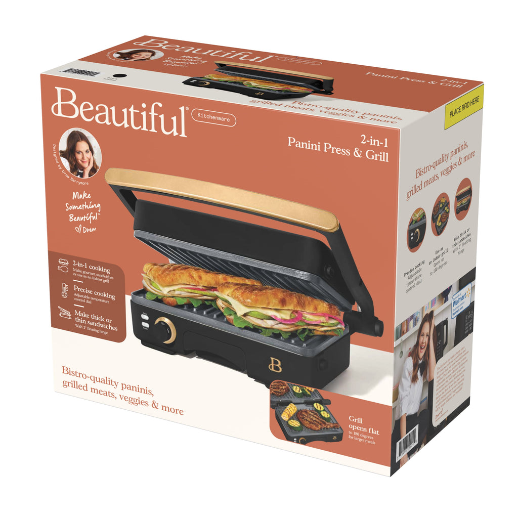 Beautiful 2-in-1 Panini Press & Grill with Detachable Plates, Black Sesame by Drew Barrymore