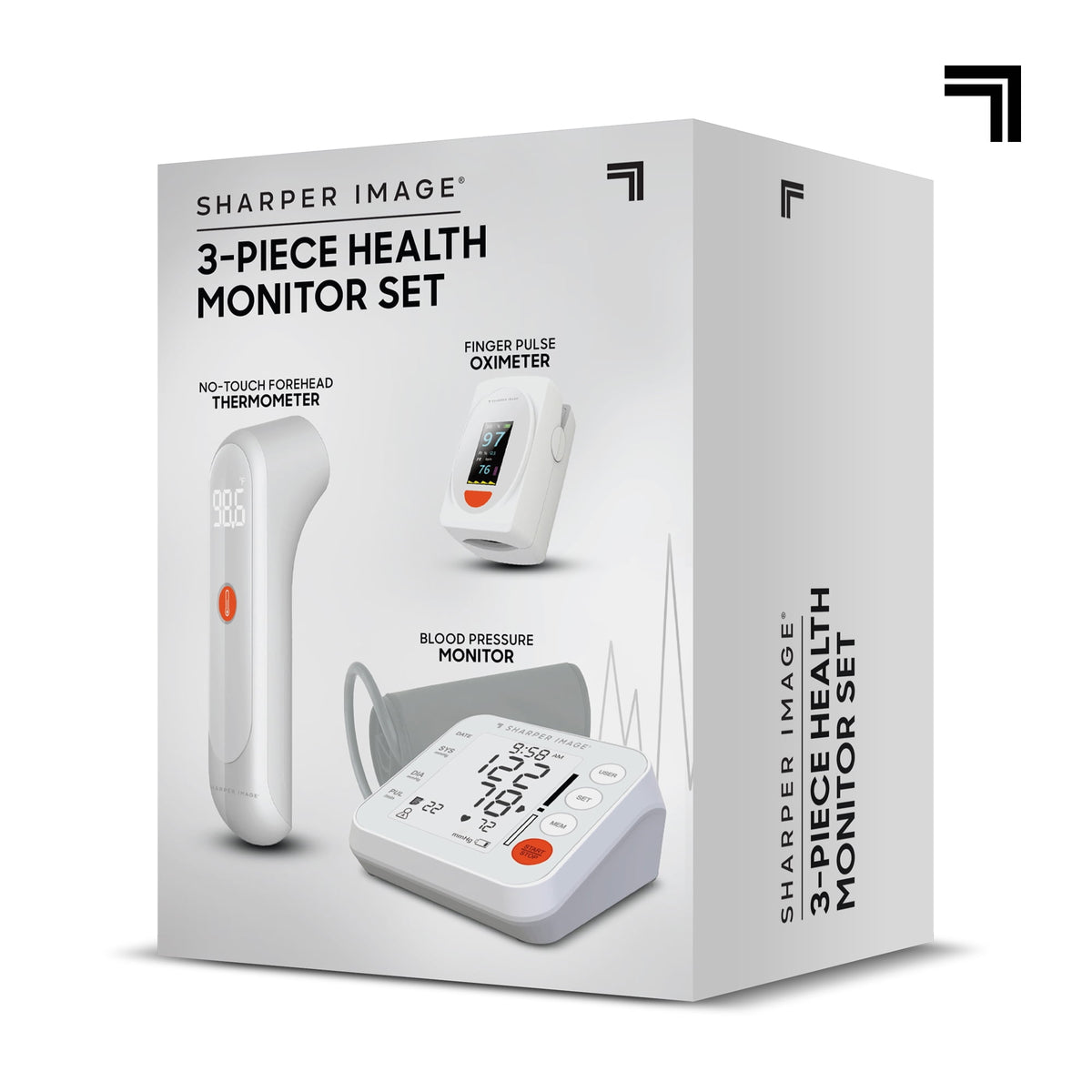 Sharper Image Health Kit 3 Piece Set with Forehead Thermometer Blood Pressure Monitor Pulse Oximeter, Accu-Sensor Technology, Portable Design, 1 Count