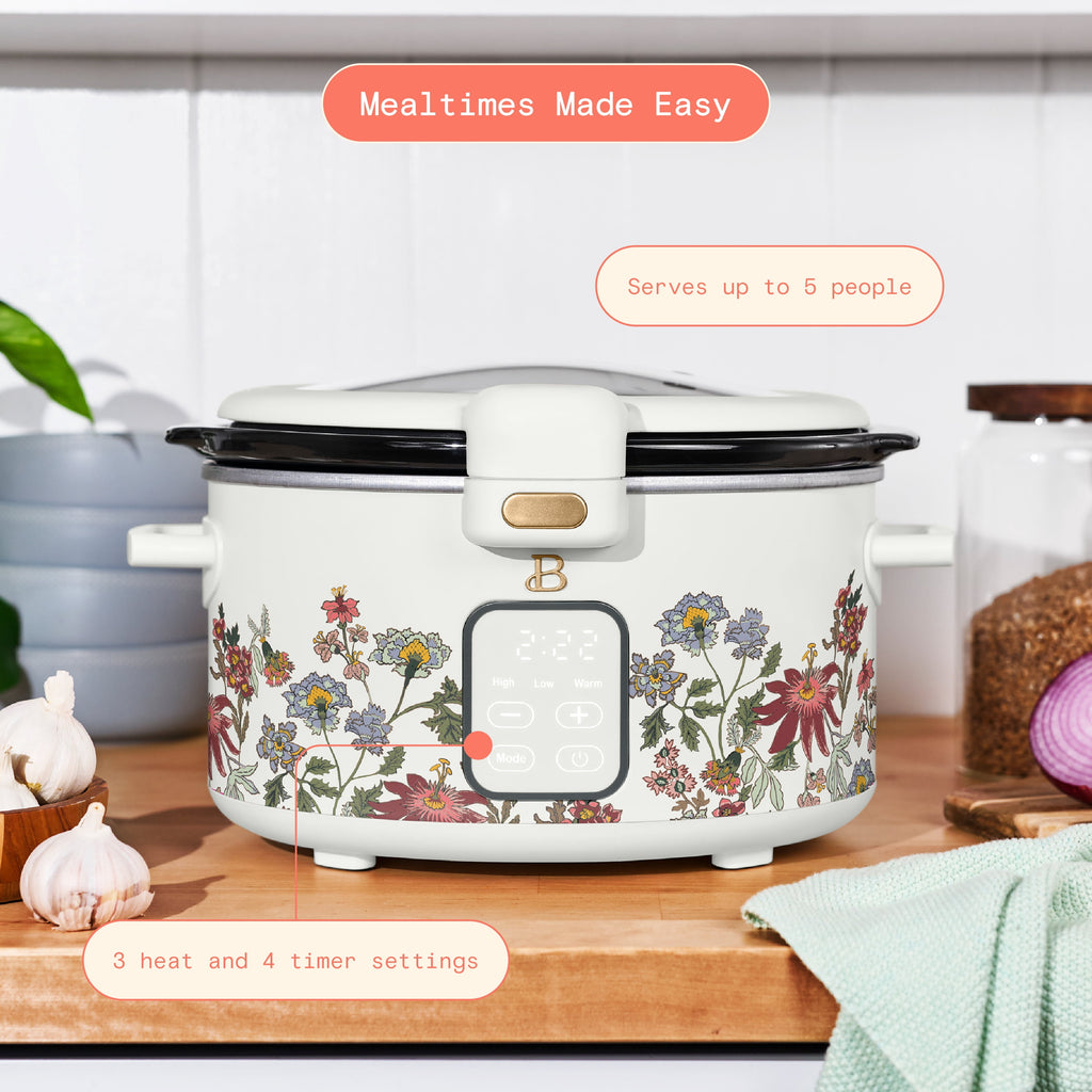 Beautiful 4 Qt Digital Slow Cooker with Hinged Locking Lid, Wildflower White by Drew Barrymore