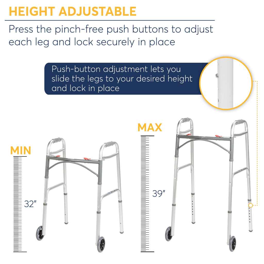 Drive Medical Deluxe Folding Walker with Wheels, U-Shaped Frame, Adjustable Height