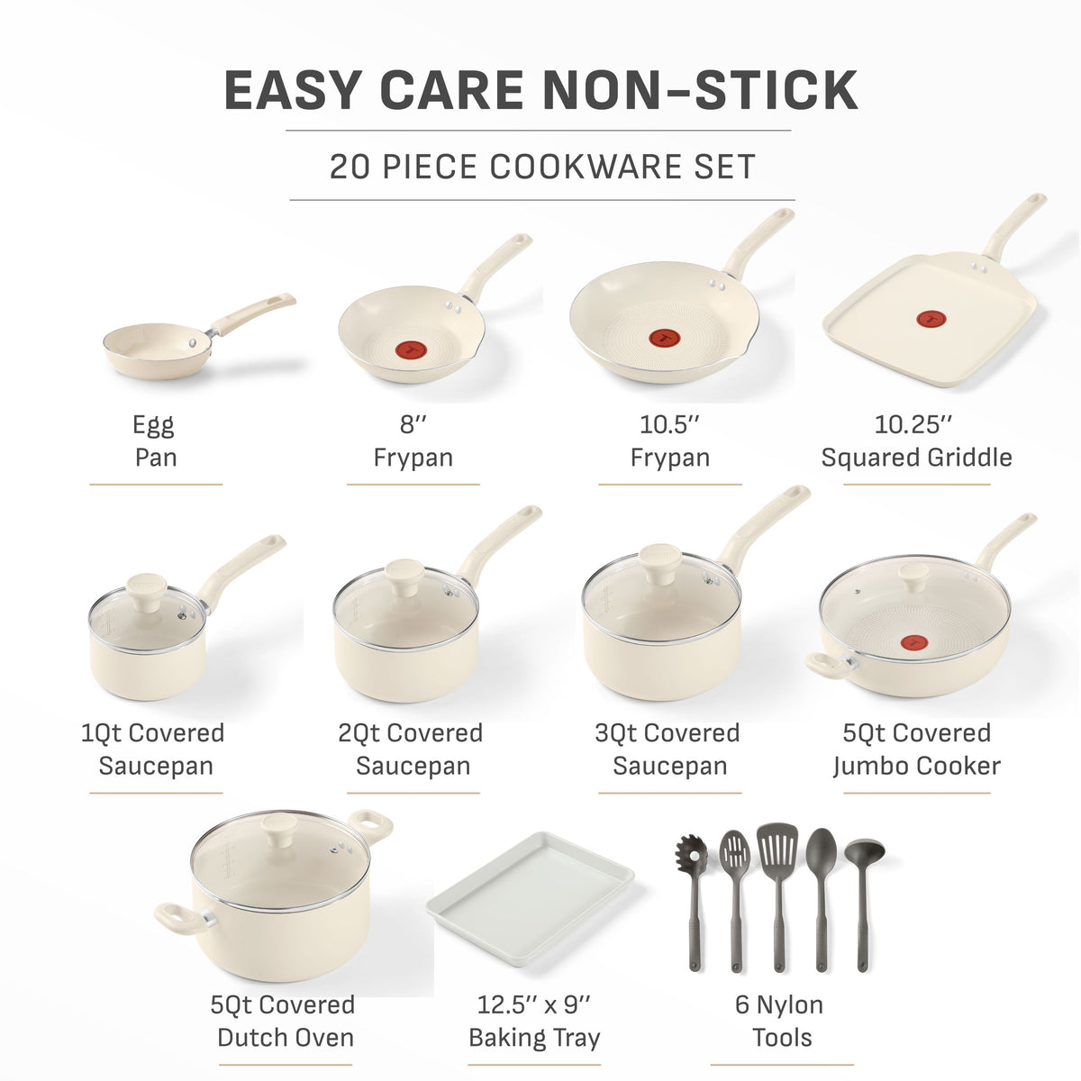 T-fal Easy Care 20 Piece Nonstick Cookware Set, Pots and Pans, Beige