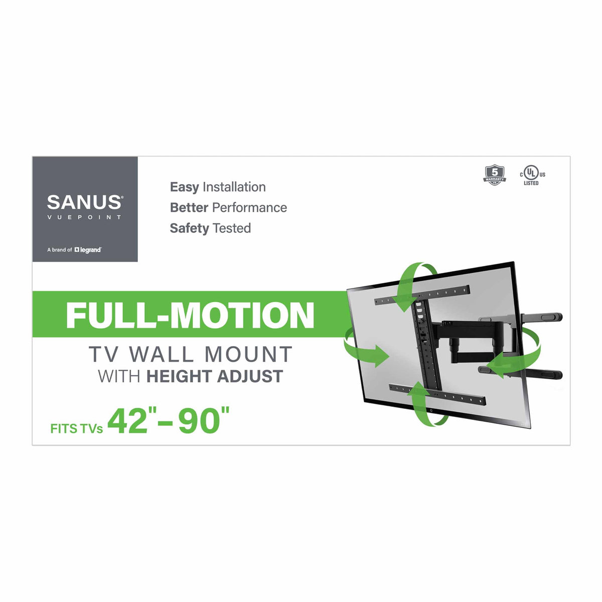 SANUS VuePoint Full-Motion TV Wall Mount for TVs 42"-90" up to 120 lbs – Height Adjust with Swivels, Tilts, and Extends up to 25" From the Wall