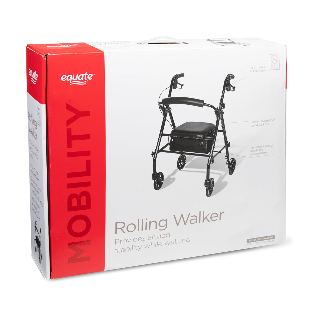 Equate Rolling Walker Rollator with Seat and Wheels, Black, 350 lb Capacity