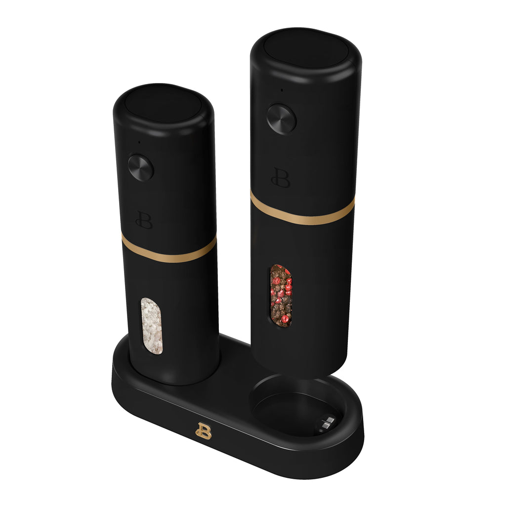 Beautiful 3-Piece Rechargeable Electric Salt and Pepper Grinder Set with Charging Base, Black Sesame by Drew Barrymore