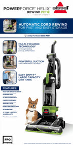 BISSELL PowerForce Helix Turbo Rewind Pet, Upright Vacuum, Pet Friendly, Automatic Cord Rewind, Powerful Pet Hair Pickup, Extra-Wide Cleaning Path, 3333, Black & Green