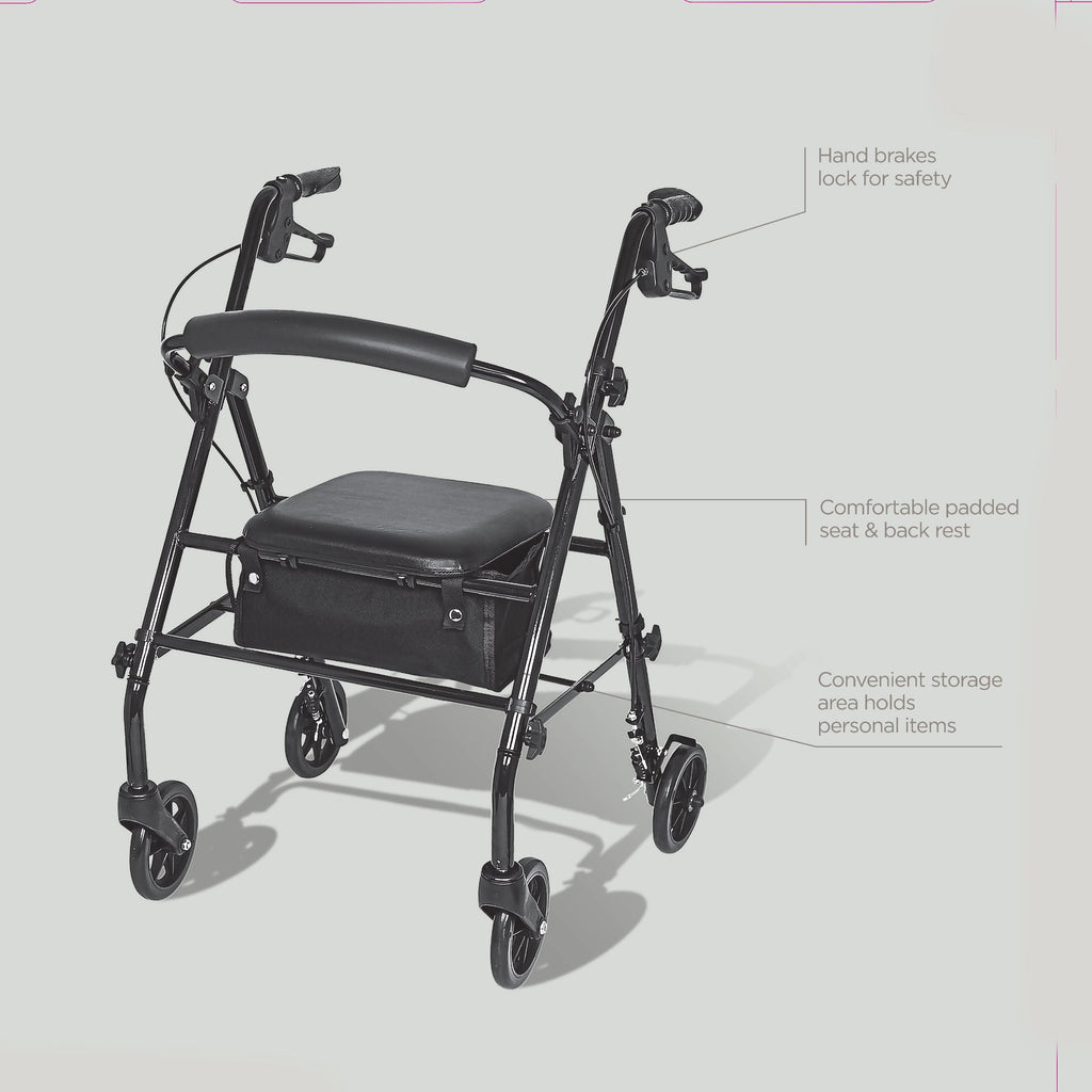 Equate Rolling Walker Rollator with Seat and Wheels, Black, 350 lb Capacity