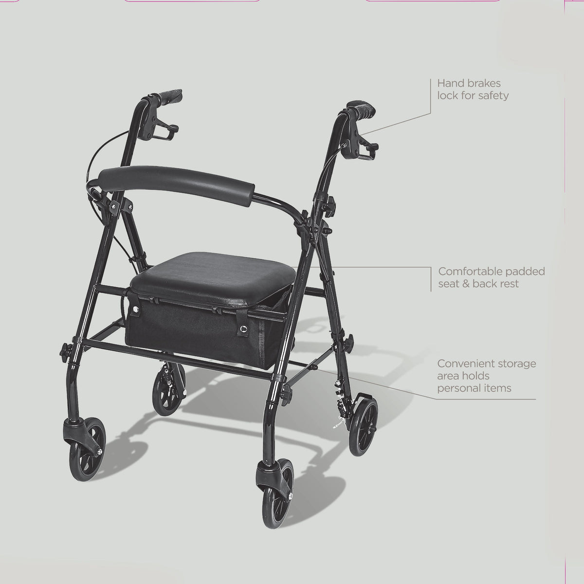 Equate Rolling Walker Rollator with Seat and Wheels, Black, 350 lb Capacity