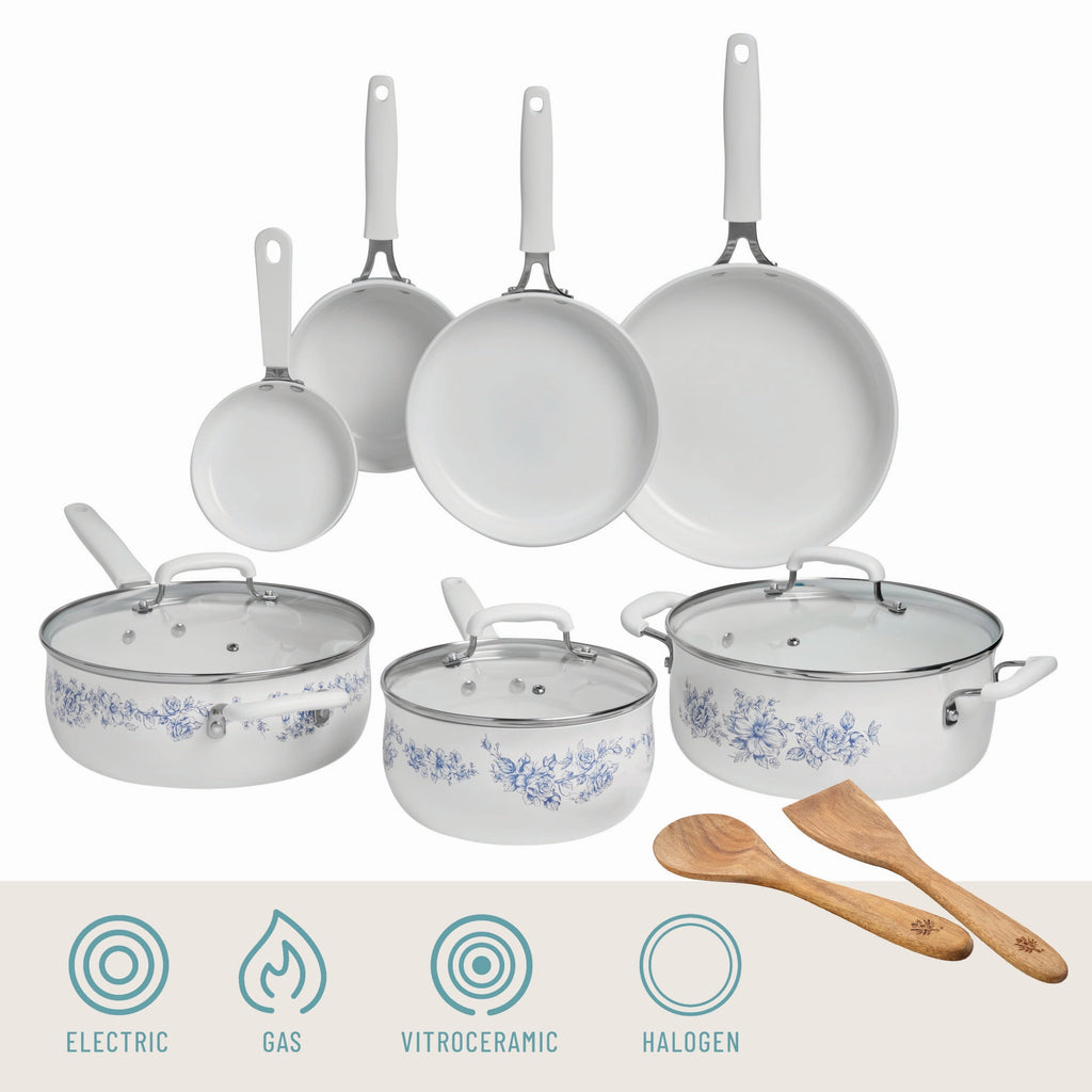The Pioneer Woman 12-Piece Classic Aluminum Cookware Set, Ceramic Nonstick, Pots and Pans Set with Decal Pattern, Agatha Blue