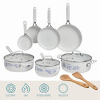 The Pioneer Woman 12-Piece Classic Aluminum Cookware Set, Ceramic Nonstick, Pots and Pans Set with Decal Pattern, Agatha Blue