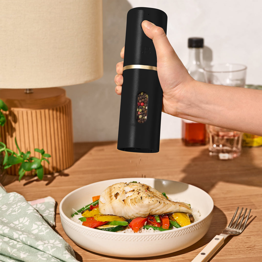 Beautiful 3-Piece Rechargeable Electric Salt and Pepper Grinder Set with Charging Base, Black Sesame by Drew Barrymore