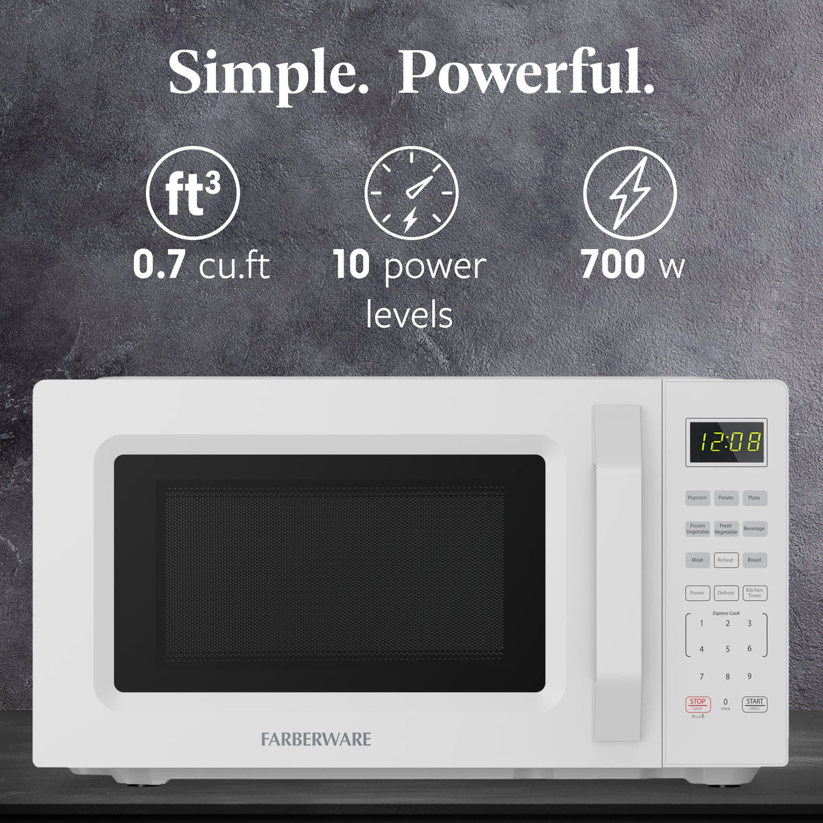 Farberware Countertop Microwave Oven, 0.7 cu ft, 700 W, Auto-Cook Functions, White