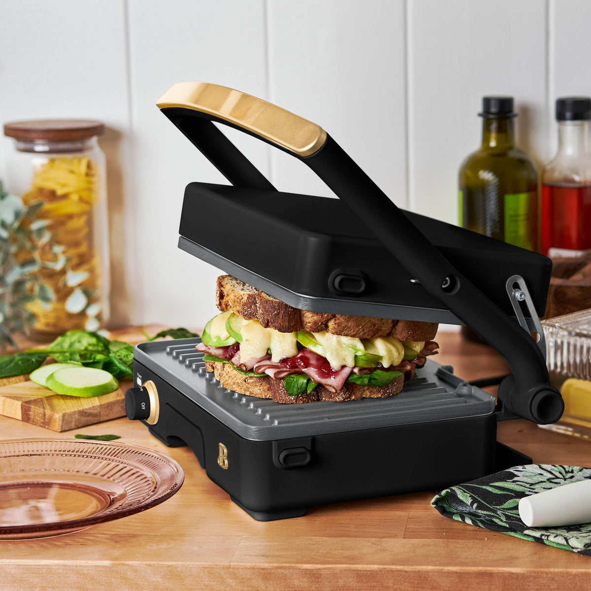 Beautiful 2-in-1 Panini Press & Grill with Detachable Plates, Black Sesame by Drew Barrymore