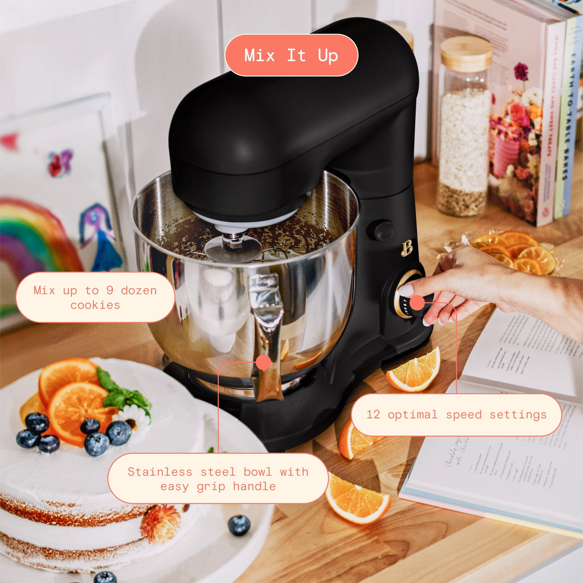 Beautiful 5.3 Qt Stand Mixer, Black Sesame with Flat Beater, Dough Hook, Balloon Whisk