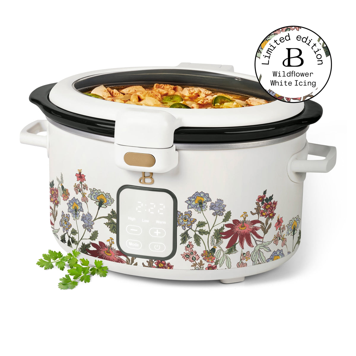 Beautiful 4 Qt Digital Slow Cooker with Hinged Locking Lid, Wildflower White by Drew Barrymore