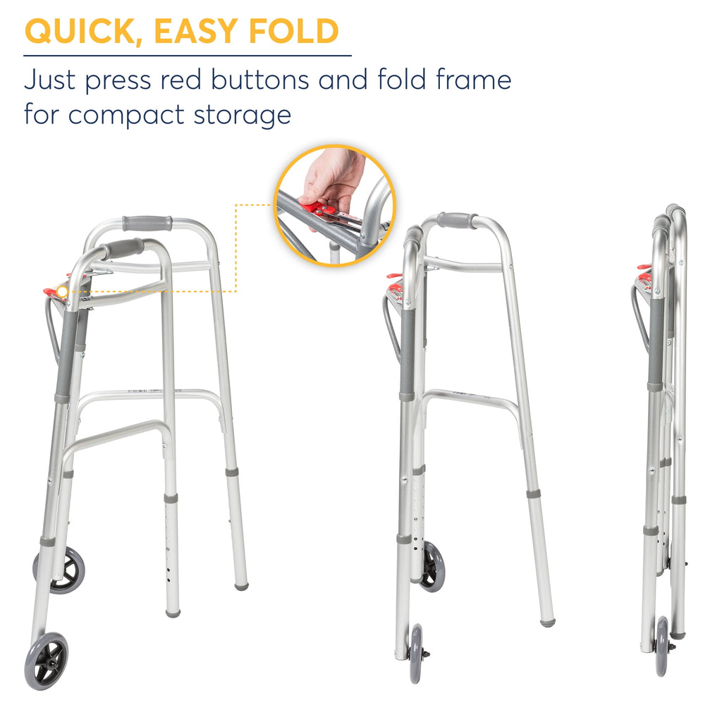 Drive Medical Deluxe Folding Walker with Wheels, U-Shaped Frame, Adjustable Height