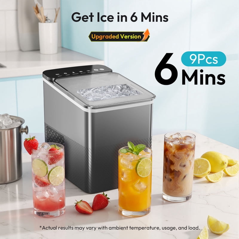 EUHOMY Portable Countertop Ice Maker, 26.5 lbs/24H, 2 Ice Sizes, Self-Cleaning, Grey