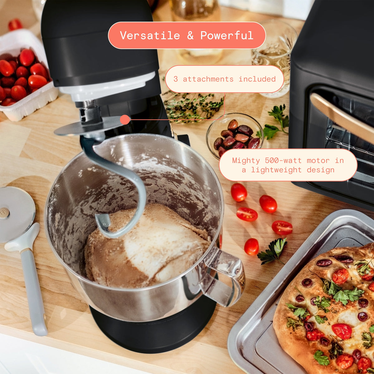 Beautiful 5.3 Qt Stand Mixer, Black Sesame with Flat Beater, Dough Hook, Balloon Whisk