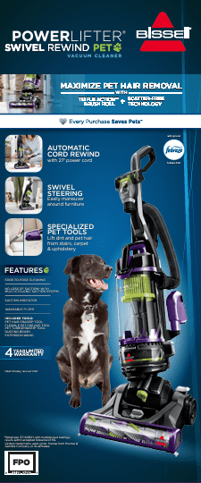 BISSELL PowerLifter Swivel Pet Rewind, Bagless, Upright Vacuum, Pet Friendly, Triple Action Brush Roll, Automatic Cord Rewind, Scatter Free Technology, 2259, Black & Purple