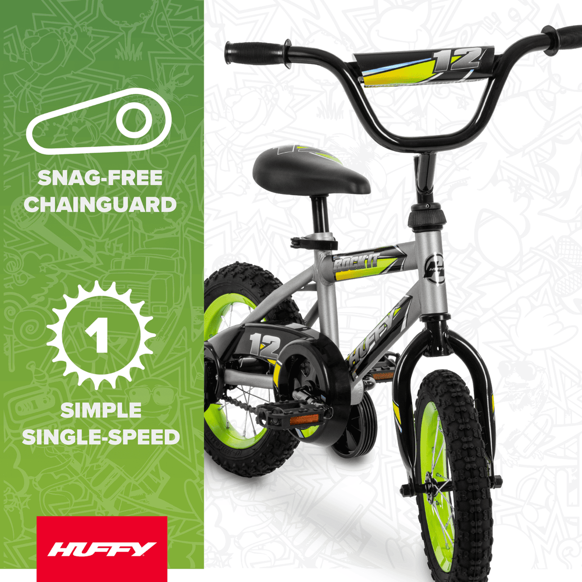 Huffy 12" Rock It Kids' Bike, Fits Riders 37" - 42", Gray/Green, Youth, Boys