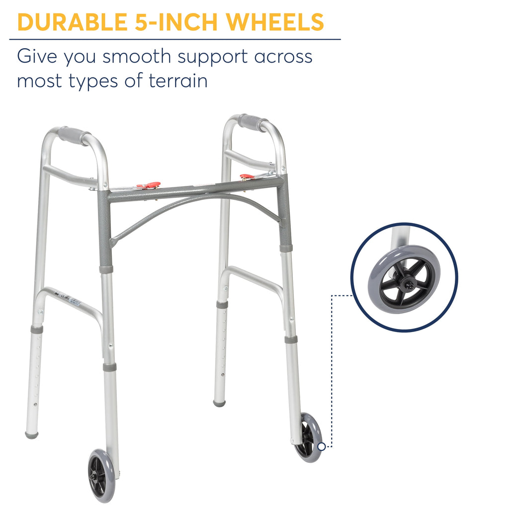 Drive Medical Deluxe Folding Walker with Wheels, U-Shaped Frame, Adjustable Height