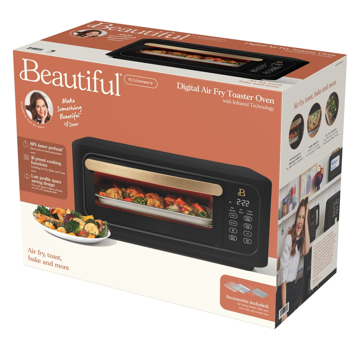 Beautiful Infrared Air Fry Toaster Oven, 9-Slice, 1800 W, Black Sesame by Drew Barrymore