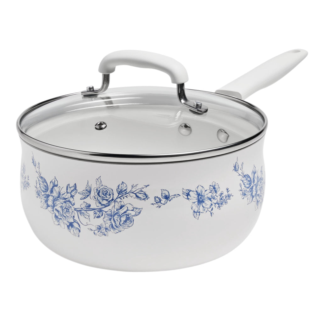 The Pioneer Woman 12-Piece Classic Aluminum Cookware Set, Ceramic Nonstick, Pots and Pans Set with Decal Pattern, Agatha Blue