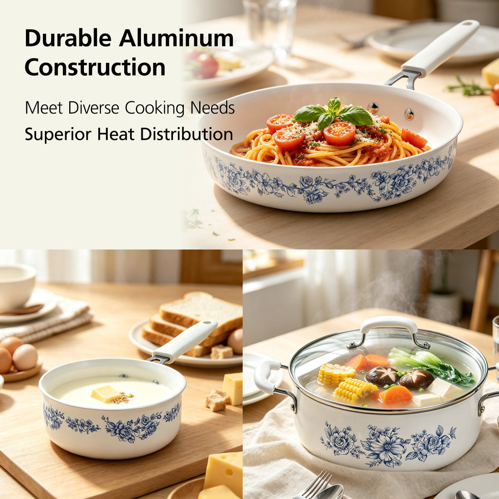 The Pioneer Woman 12-Piece Classic Aluminum Cookware Set, Ceramic Nonstick, Pots and Pans Set with Decal Pattern, Agatha Blue