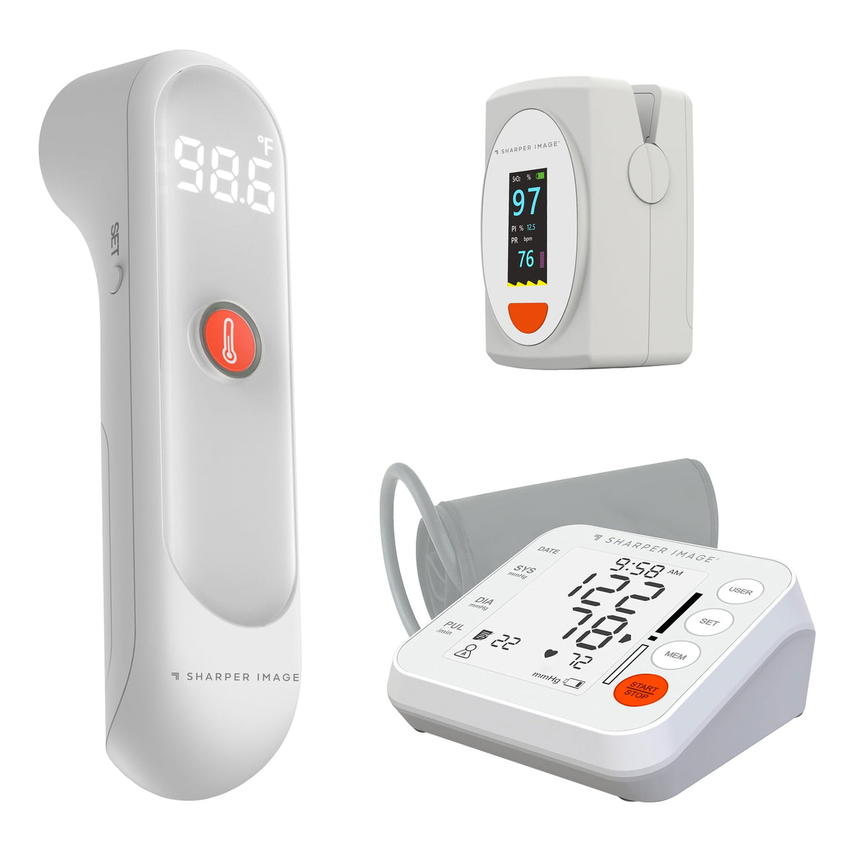 Sharper Image Health Kit 3 Piece Set with Forehead Thermometer Blood Pressure Monitor Pulse Oximeter, Accu-Sensor Technology, Portable Design, 1 Count