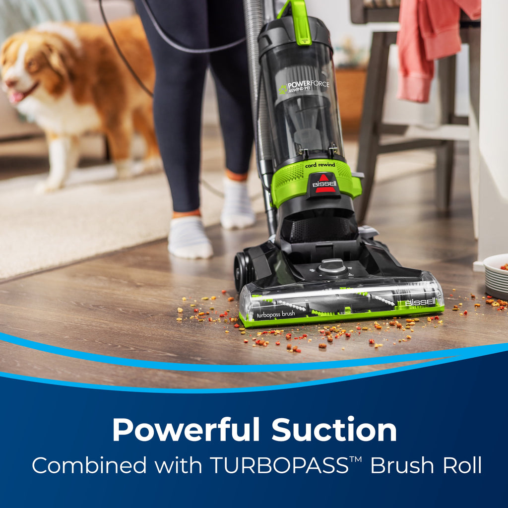 BISSELL PowerForce Helix Turbo Rewind Pet, Upright Vacuum, Pet Friendly, Automatic Cord Rewind, Powerful Pet Hair Pickup, Extra-Wide Cleaning Path, 3333, Black & Green