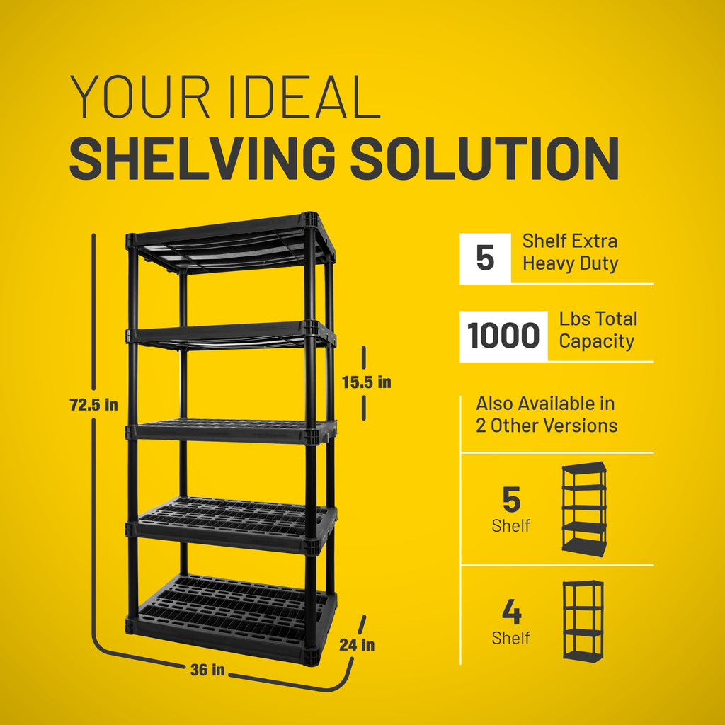 Plano 5-Shelf Extra Heavy Duty Plastic Storage Shelf Unit, 72.5” x 36” x 24”, 1000lb Capacity