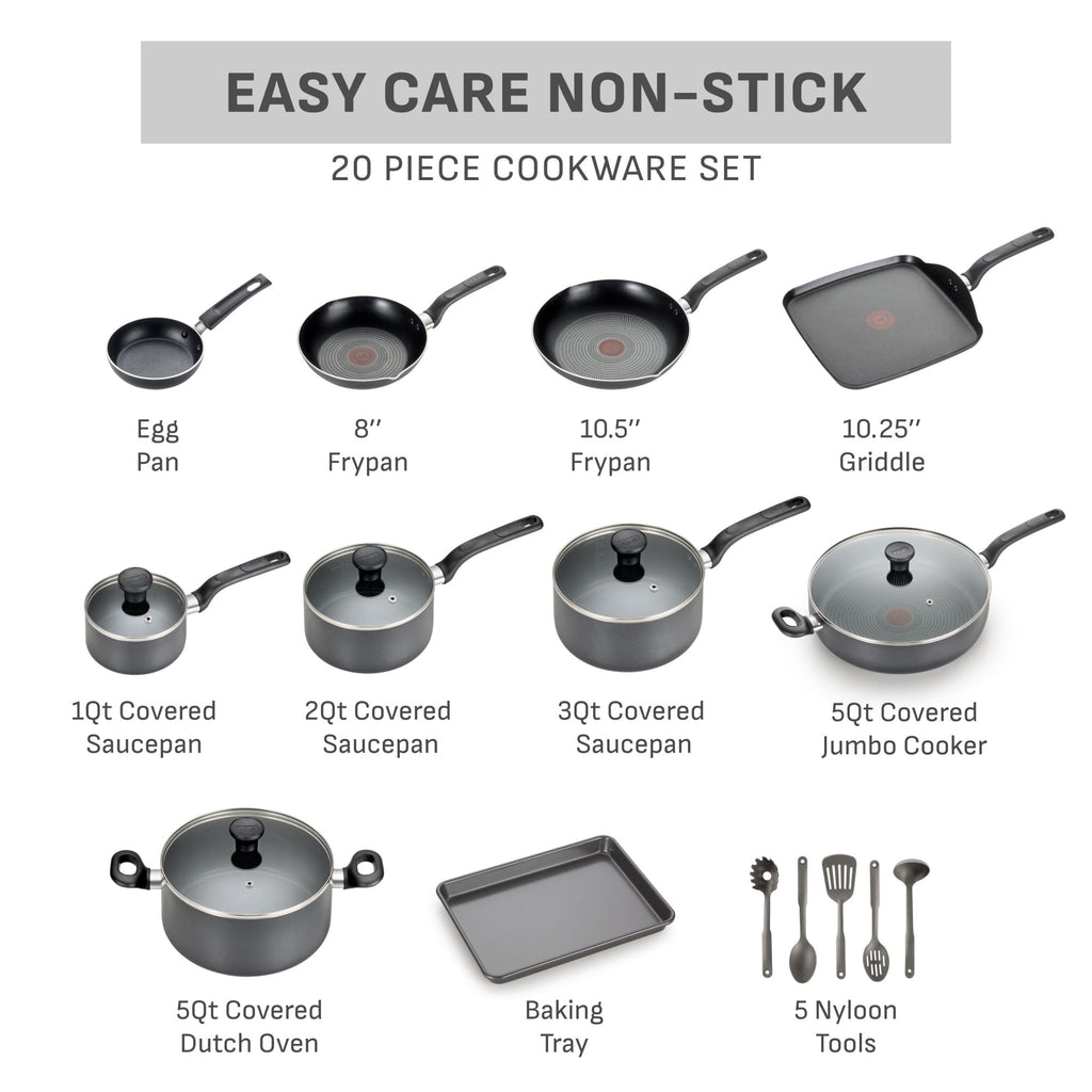 T-fal Easy Care Nonstick Cookware, 20 piece Set, Grey, B087SKDW