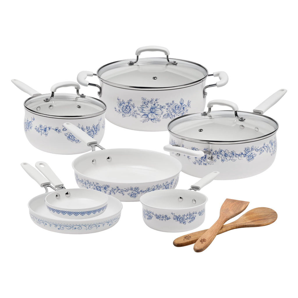 The Pioneer Woman 12-Piece Classic Aluminum Cookware Set, Ceramic Nonstick, Pots and Pans Set with Decal Pattern, Agatha Blue