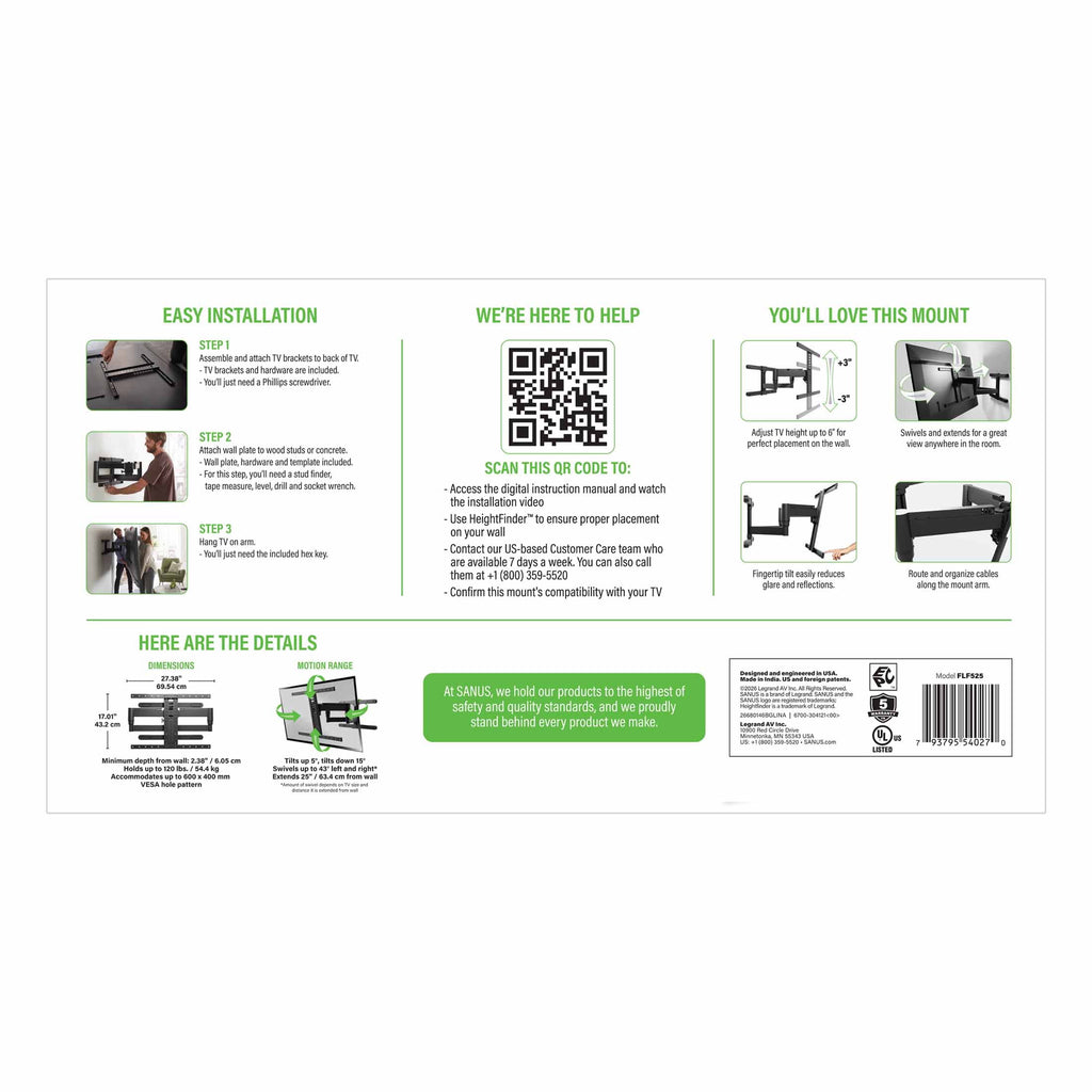 SANUS VuePoint Full-Motion TV Wall Mount for TVs 42"-90" up to 120 lbs – Height Adjust with Swivels, Tilts, and Extends up to 25" From the Wall