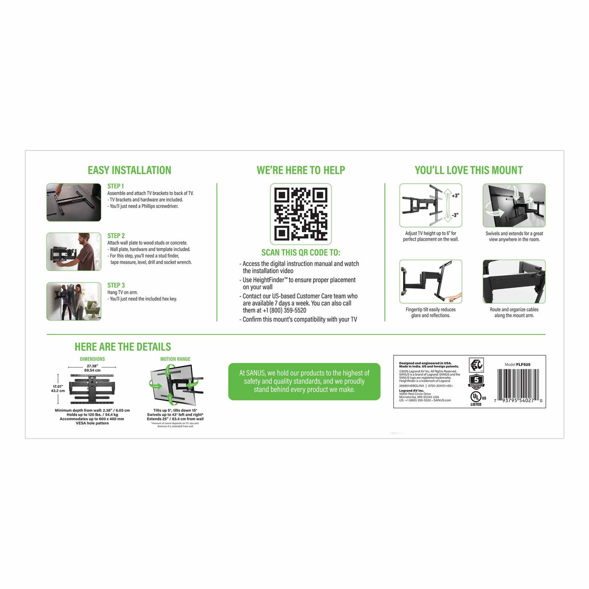 SANUS VuePoint Full-Motion TV Wall Mount for TVs 42"-90" up to 120 lbs – Height Adjust with Swivels, Tilts, and Extends up to 25" From the Wall