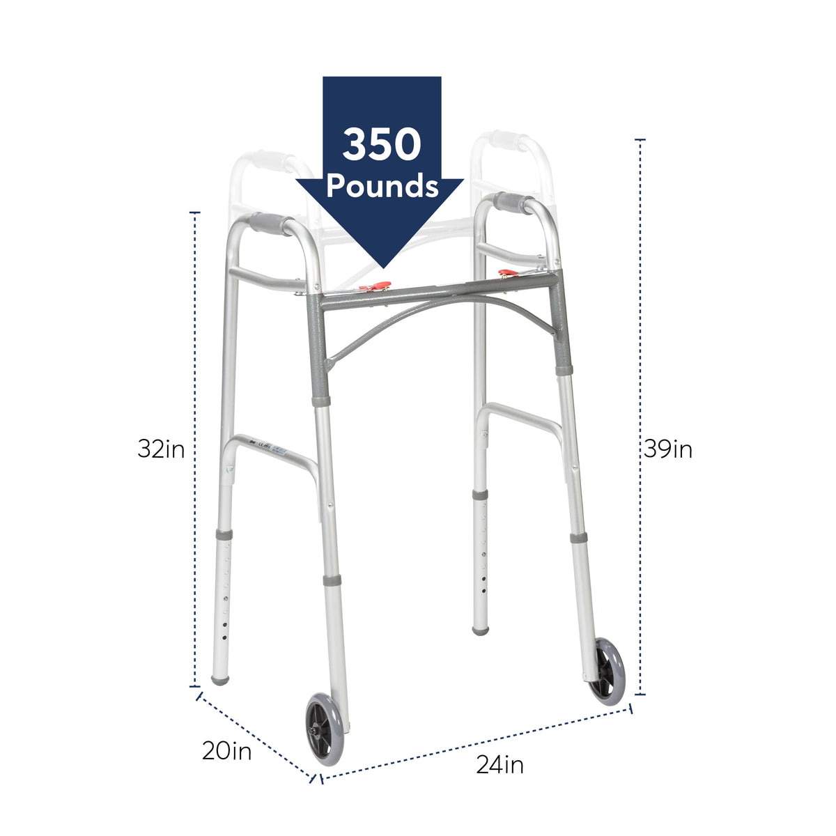 Drive Medical Deluxe Folding Walker with Wheels, U-Shaped Frame, Adjustable Height
