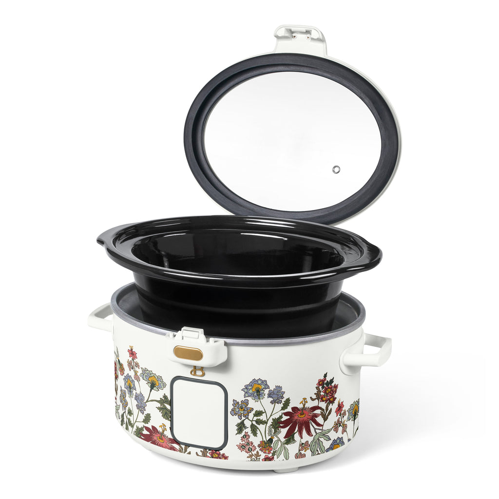 Beautiful 4 Qt Digital Slow Cooker with Hinged Locking Lid, Wildflower White by Drew Barrymore