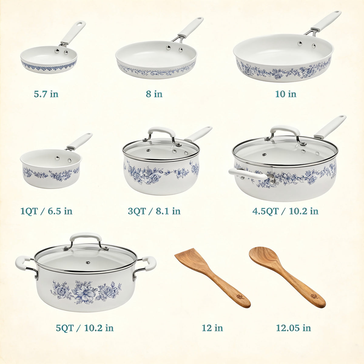 The Pioneer Woman 12-Piece Classic Aluminum Cookware Set, Ceramic Nonstick, Pots and Pans Set with Decal Pattern, Agatha Blue