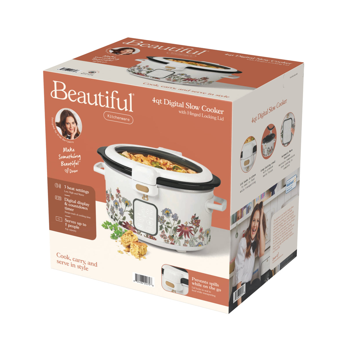 Beautiful 4 Qt Digital Slow Cooker with Hinged Locking Lid, Wildflower White by Drew Barrymore