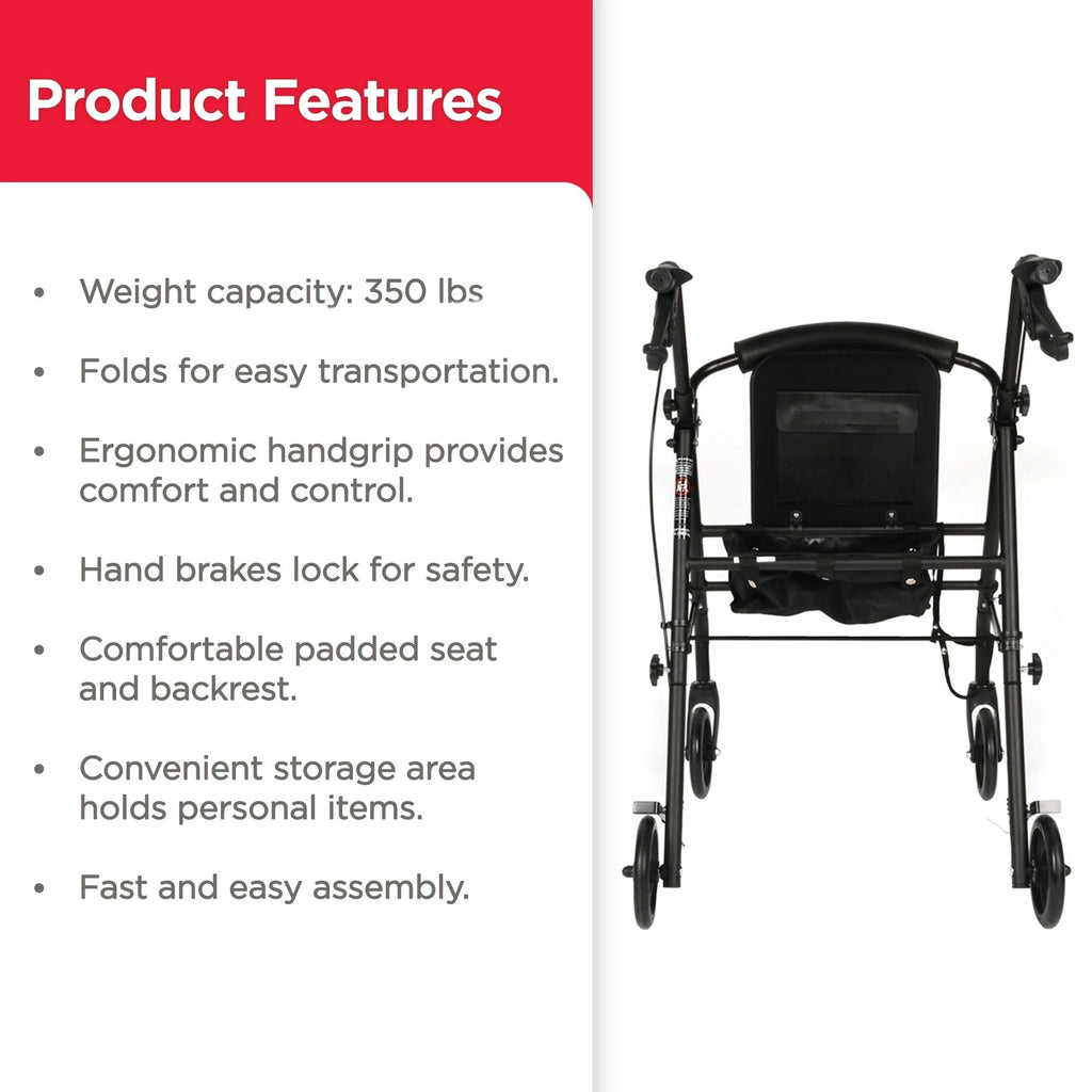 Equate Rolling Walker Rollator with Seat and Wheels, Black, 350 lb Capacity