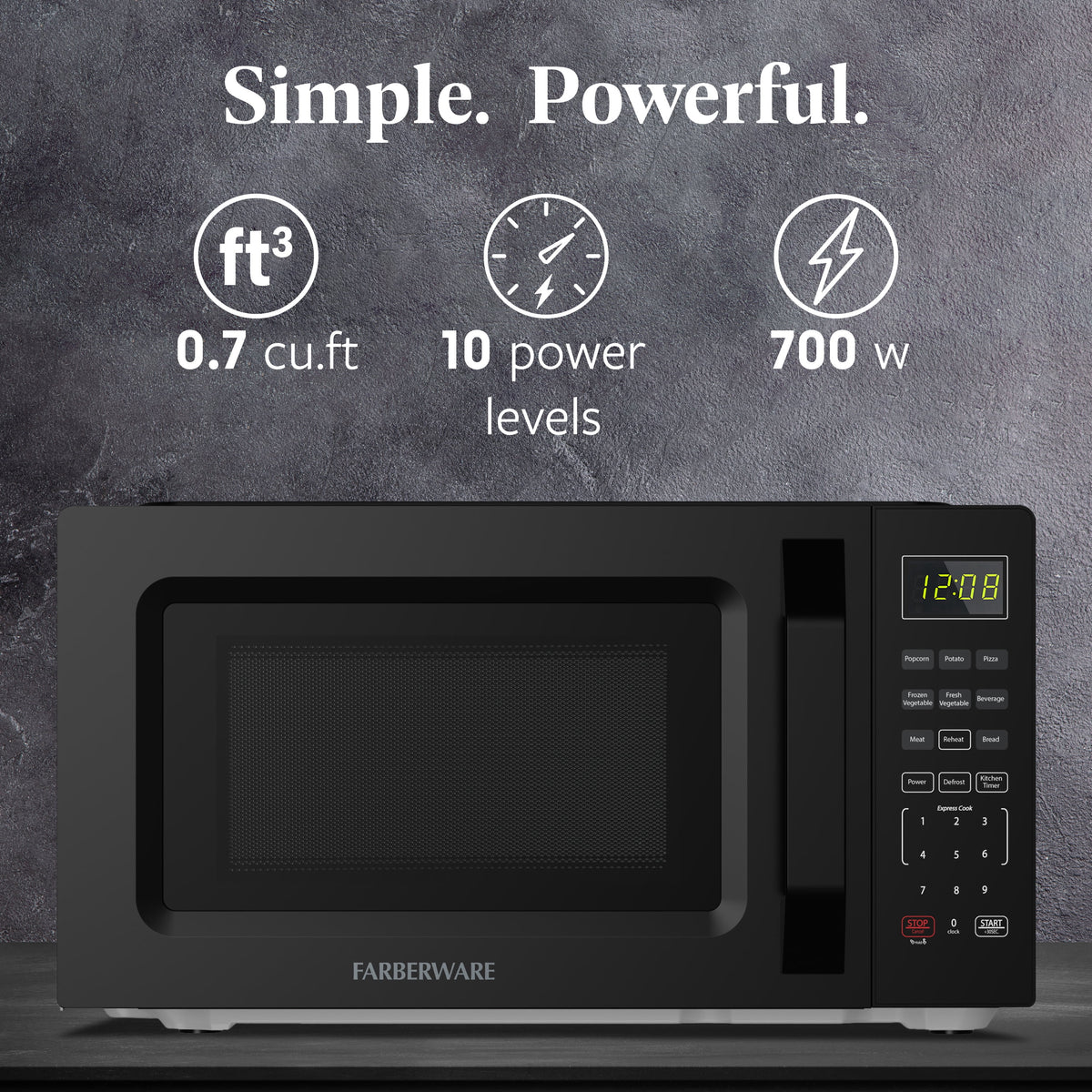 Farberware Countertop Microwave Oven, 0.7 cu ft, 700 W, Auto-Cook Menu, Black
