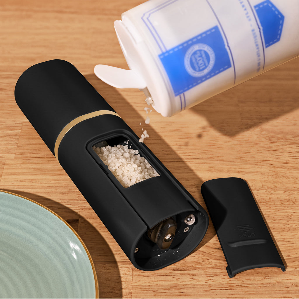 Beautiful 3-Piece Rechargeable Electric Salt and Pepper Grinder Set with Charging Base, Black Sesame by Drew Barrymore