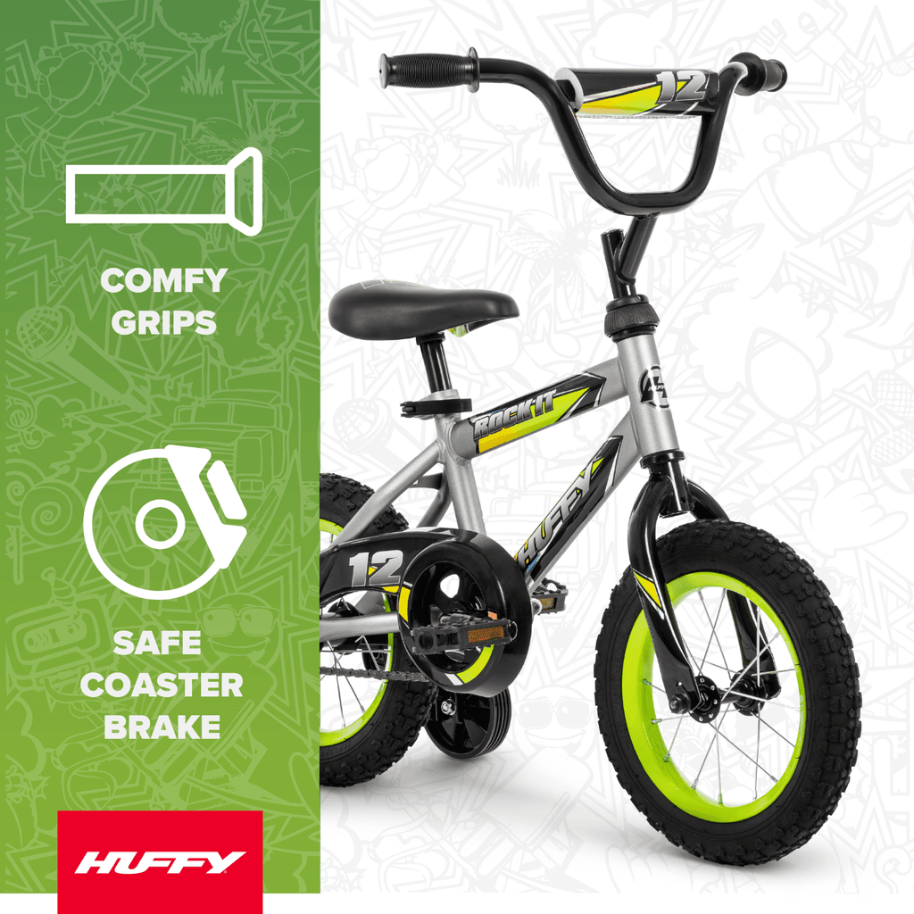 Huffy 12" Rock It Kids' Bike, Fits Riders 37" - 42", Gray/Green, Youth, Boys