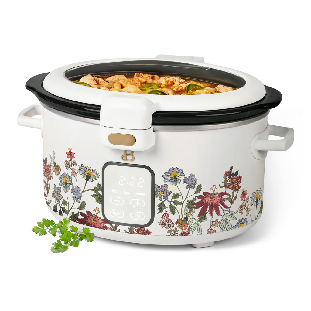 Beautiful 4 Qt Digital Slow Cooker with Hinged Locking Lid, Wildflower White by Drew Barrymore