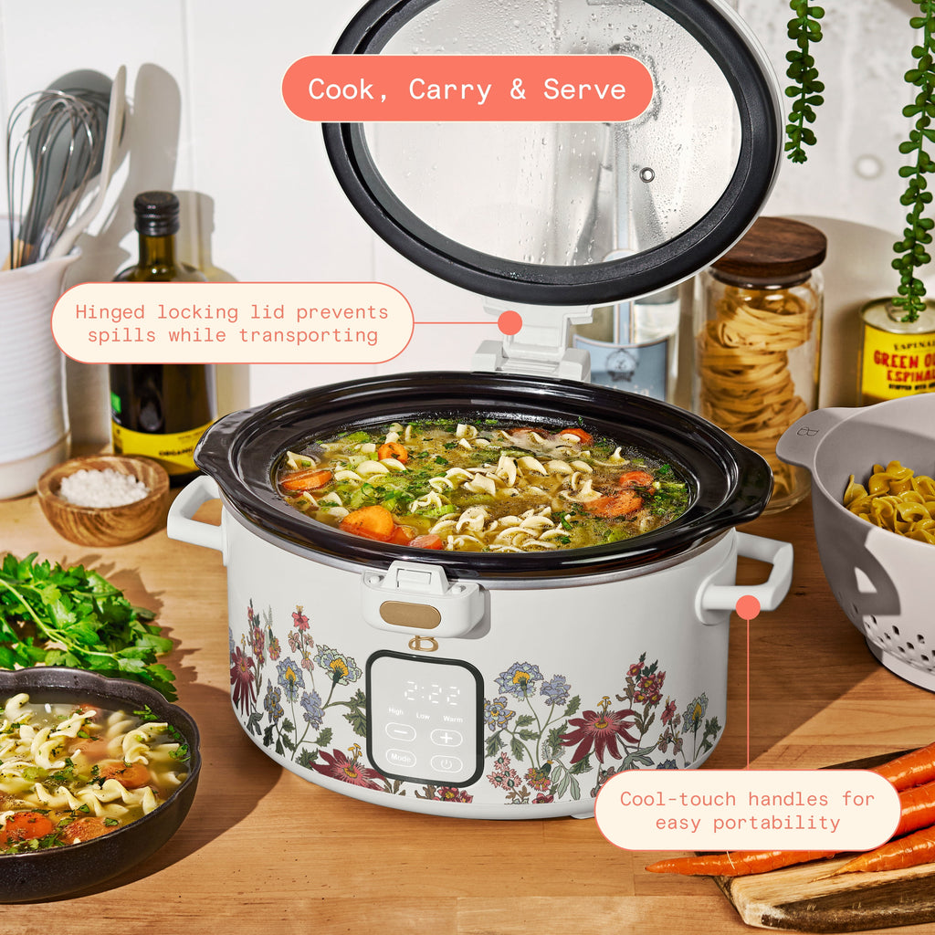 Beautiful 4 Qt Digital Slow Cooker with Hinged Locking Lid, Wildflower White by Drew Barrymore