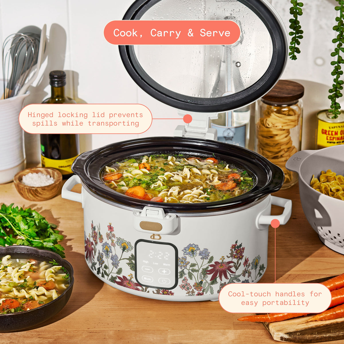 Beautiful 4 Qt Digital Slow Cooker with Hinged Locking Lid, Wildflower White by Drew Barrymore
