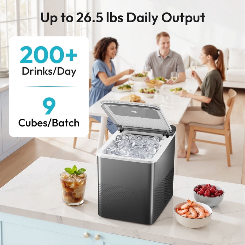 EUHOMY Portable Countertop Ice Maker, 26.5 lbs/24H, 2 Ice Sizes, Self-Cleaning, Grey