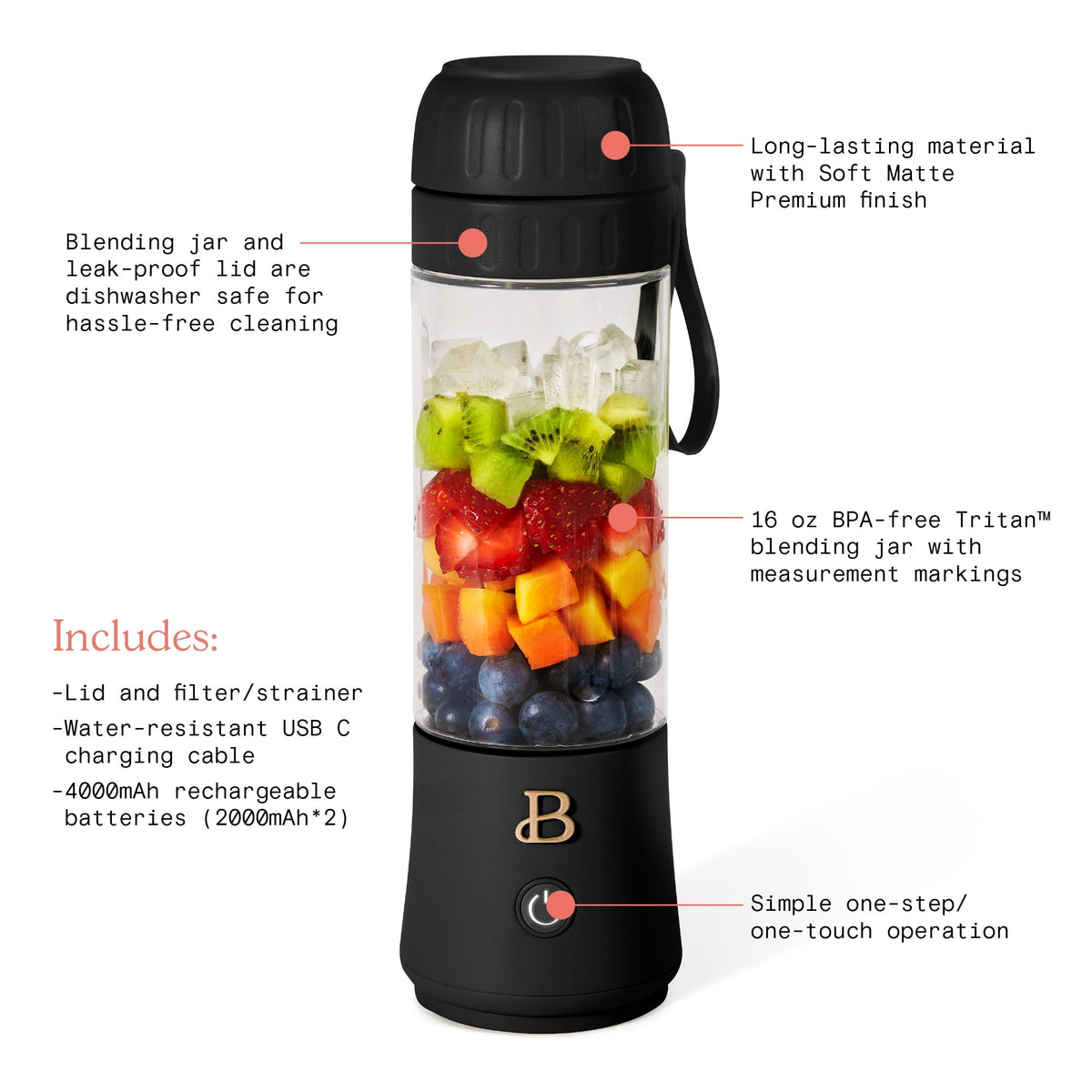 Beautiful Portable to-Go Blender 2.0, 70 W, 16 oz, Black Sesame by Drew Barrymore